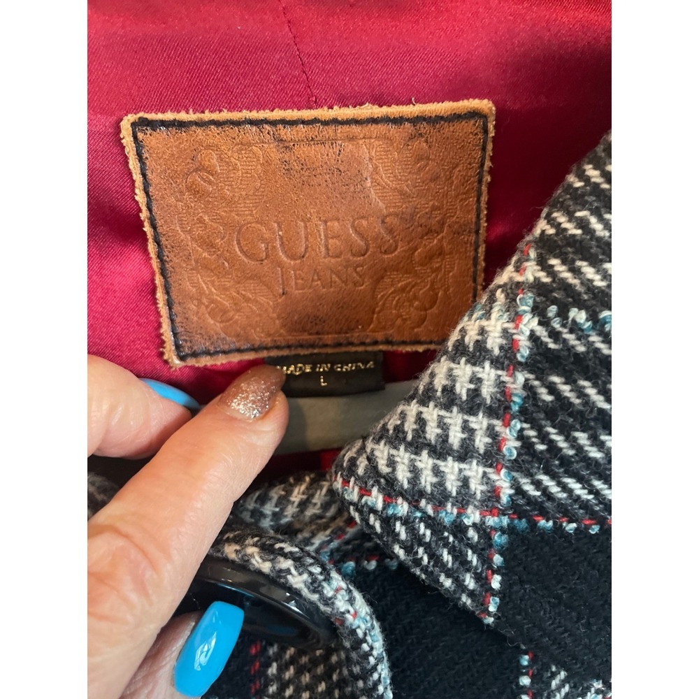 Vintage Guess Women's Houndstooth Plaid Wool Blend Jacket Coat Red Lining Size L - Picture 2 of 8